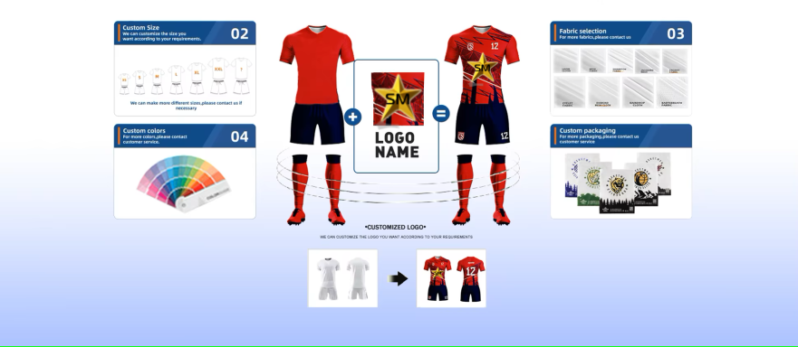 Red sports kit with logo, featuring shorts, shirts, and design elements.
